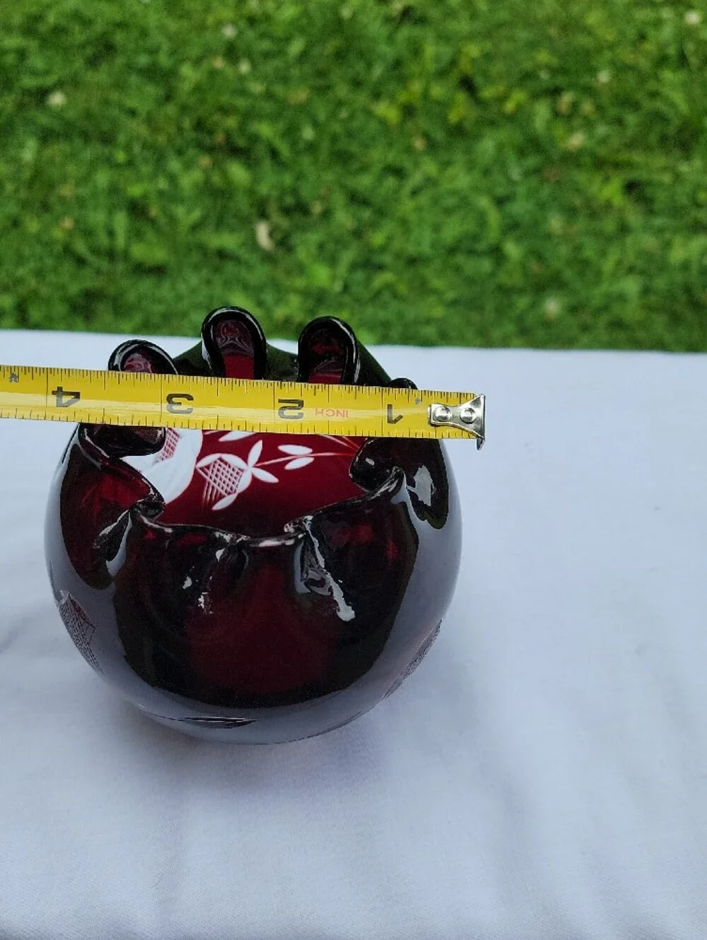 Ruby Red Cut Glass Bowl with Scalloped Rim Bud Vase